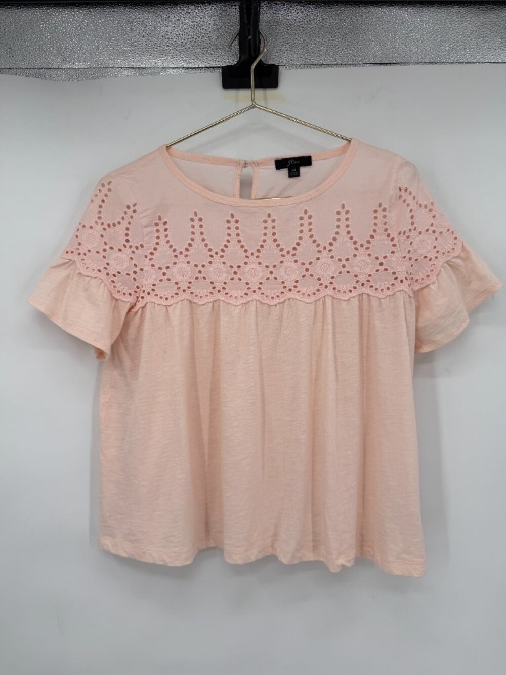 J.Crew Eyelet Yoke Babydoll Top Women’s XS Blush Pink Flutter Sleeve Cottagecore